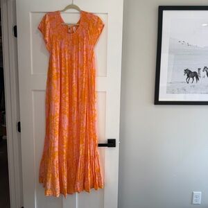Anthropologie Arielle Pink and Orange Floral Print Maxi Dress